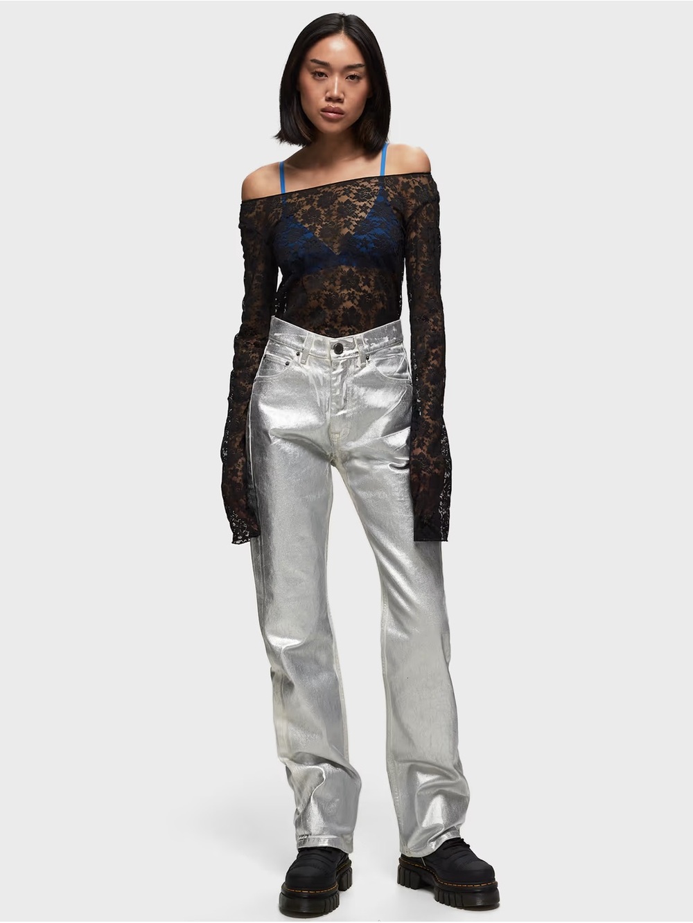 ROTATE Birger Christensen Silver Coated Metallic Denim High Rise Jeans - Size 26
